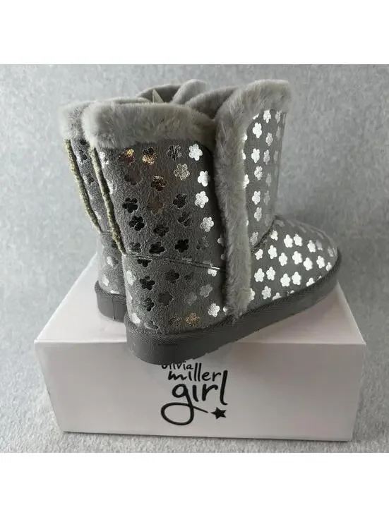 Olivia Miller Pull on Boots Girls Size 5 Youth Faux Fur Trim Gray Metallic - Picture 8 of 10